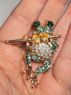 Frog Brooch Playing Flute Rhinestones  Green and White Gold Toned 2 inches